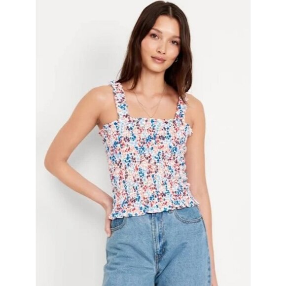 NWT Old Navy Smocked Floral Tank Top Womens L Tall Ruffle Straps Ruched Bloom - Picture 1 of 3